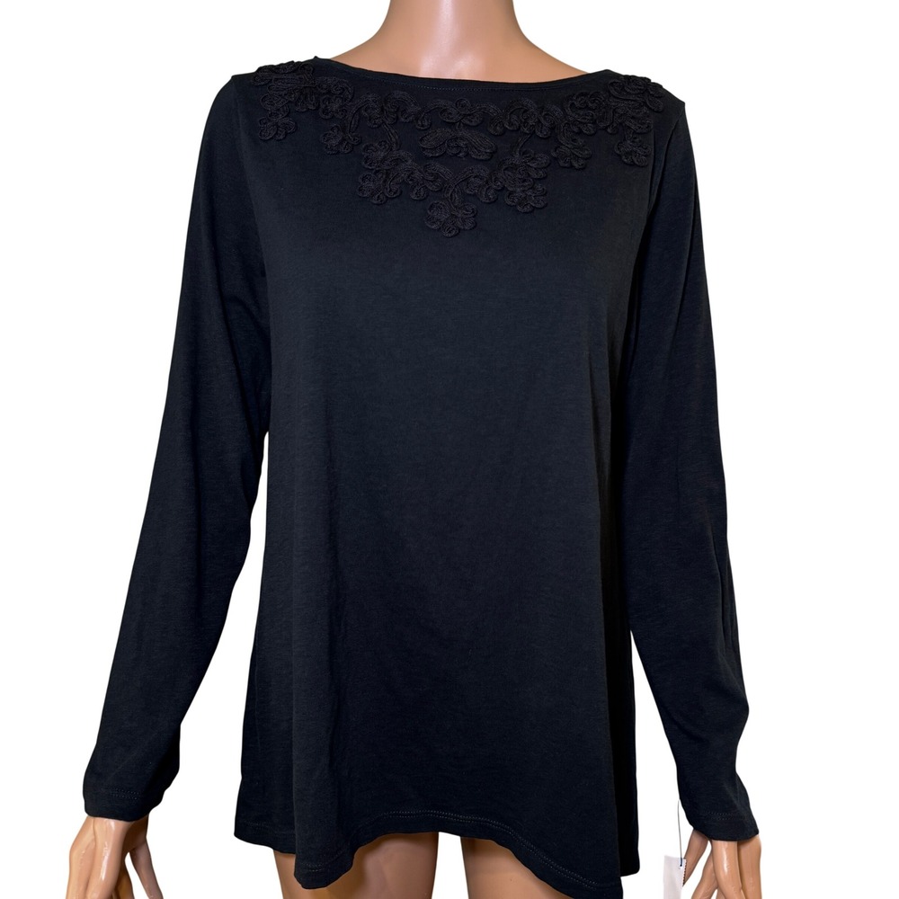J. Jill Black Embroidered Soutache Boat Neck Long Sleeve Top Womens Medium M